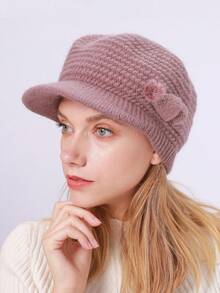 1 件纯色条纹休闲复古涤纶色织针织贝雷帽，保暖冬帽，带护耳功能，保暖内衬，秋冬