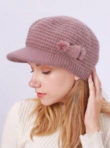 1 件纯色条纹休闲复古涤纶色织针织贝雷帽，保暖冬帽，带护耳功能，保暖内衬，秋冬