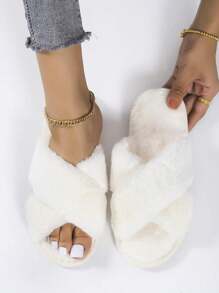 Pantuflas de Peluche Calientitas de Tiras Cruzadas Para Mujer - Blanco - Ver 2