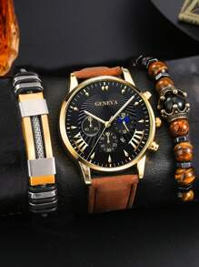 3入組男式休閒類比手錶和經典手鐲套裝(1手錶+2手鐲) - 咖啡棕 - 查看 2