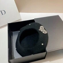 1pc Wool Beret For Women Heart Rhinestone Decor Casual Hats Elegant - Black - View 3