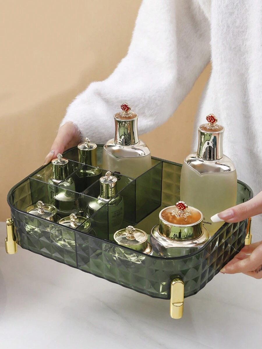 1pc Luxurious Transparent Cosmetic Storage Box With Lid, Storage Basket & Desk Organizer - Green - View 1