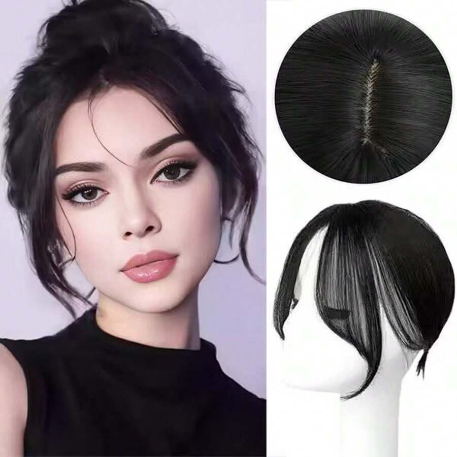 黑色假髮短劉海片,仿自然額假髮,中分頂部髮塊