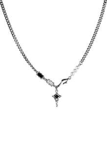 高端黑色鋯石星空人造珍珠項鍊,時尚男女通用的嘻哈配飾