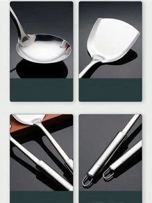 4pcs Stainless Steel Cooking Utensils Set Includes Spoon, Skimmer, Spatula, Turner For Home Kitchen - Silver - View 9