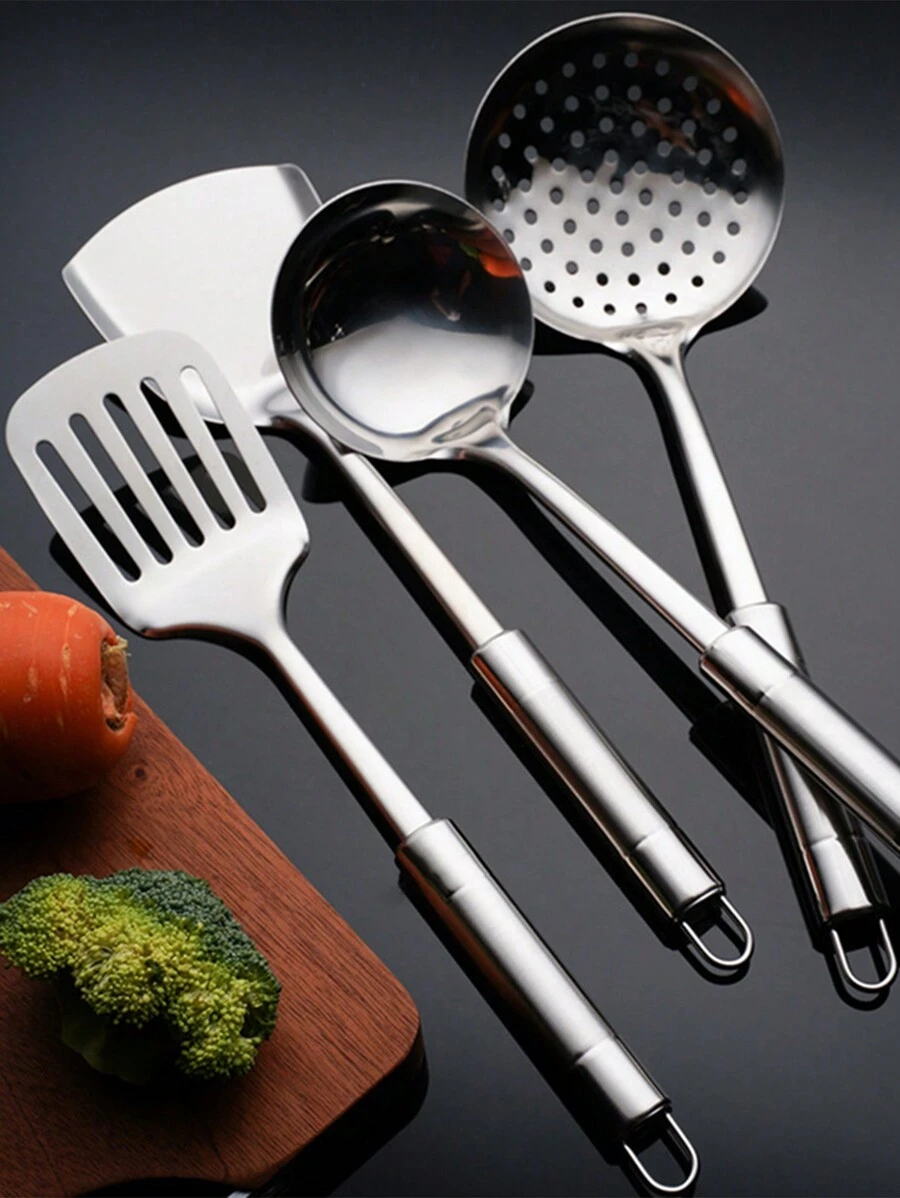 4pcs Stainless Steel Cooking Utensils Set Includes Spoon, Skimmer, Spatula, Turner For Home Kitchen - Silver - View 1