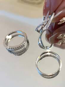 Anillo Abierto De Moda De 3 Piezas Con Decoración De Corazón Y Diamantes De Imitación, Adecuado Para El Uso Diario De Las Mujeres - Plateado - Ver 3