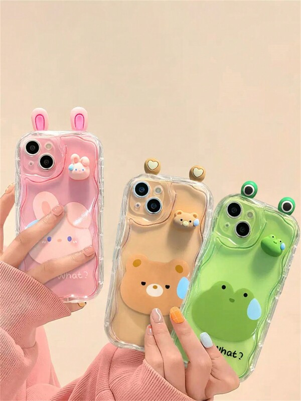 Apple Korean Cute 3D Eyes Transparent Wavy Phone Case Compatible With Iphone 16 15 14 13 12 12 11 Pro Max Plus Lovely Animal Girl Soft Shockproof Bumper Cover