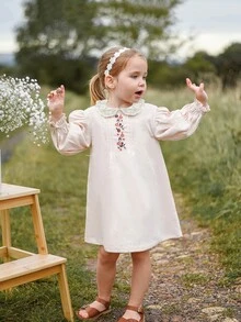 Young Girl's Spring/Summer Casual British Embroidery Floral Puff Sleeve Princess Dress With Country Style - Baby Pink - View 2