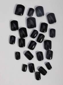 24入組短方形黑色純色簡約全套假指甲，為女性和女孩即時提升形象，1入組指甲文件和1張膠帶壓式指甲，指甲用品 - 黑色 - 查看 2