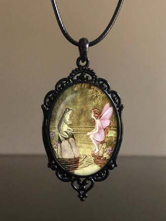 1 件復古風格仙蛙吊墜項鍊帶黑色裝飾框、蠟繩和 Pu 皮繩適合女士日常佩戴,45+5 公分鏈條