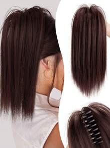 1頭女性深棕色瀑布式高馬尾假髮,發夾,半扎馬尾,輕盈且不易脫落的髮夾,簡單優雅的瀑布式半扎高馬尾假髮,適合日常使用