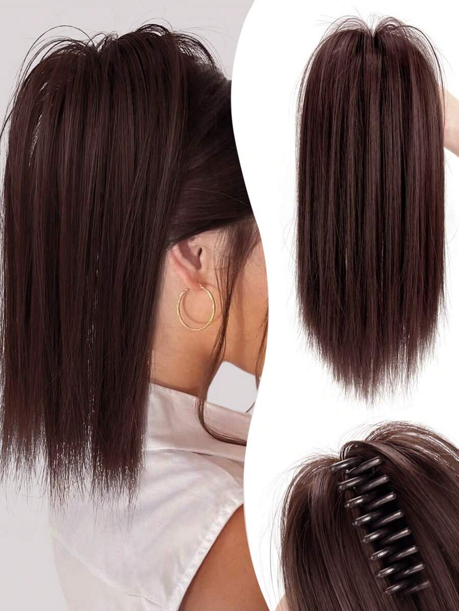 1頭女性深棕色瀑布式高馬尾假髮,發夾,半扎馬尾,輕盈且不易脫落的髮夾,簡單優雅的瀑布式半扎高馬尾假髮,適合日常使用