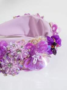 1pc Women'S Wide-Brimmed Purple Flower, Crystal & Gemstone Decorated Party Headband - Purple - View 3