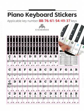 Transparent Piano Keyboard Stickers 88/76/61/54/49/37 Key Detachable Music Decal Notes Electronic Piano Sticker Symbol For White Keys Black Keys Musical Instrument Accessories Part,Keyboard,Keyboard Piano,Music