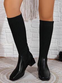 2024 damskie buty w stylu vintage z dzianiny do połowy łydki, dopasowane, rozciągliwe buty na grubym obcasie wysokie buty na średnim obcasie na jesień/zimę