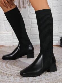 2024 damskie buty w stylu vintage z dzianiny do połowy łydki, dopasowane, rozciągliwe buty na grubym obcasie wysokie buty na średnim obcasie na jesień/zimę