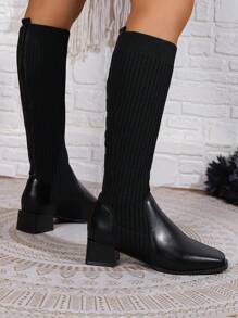 2024 damskie buty w stylu vintage z dzianiny do połowy łydki, dopasowane, rozciągliwe buty na grubym obcasie wysokie buty na średnim obcasie na jesień/zimę