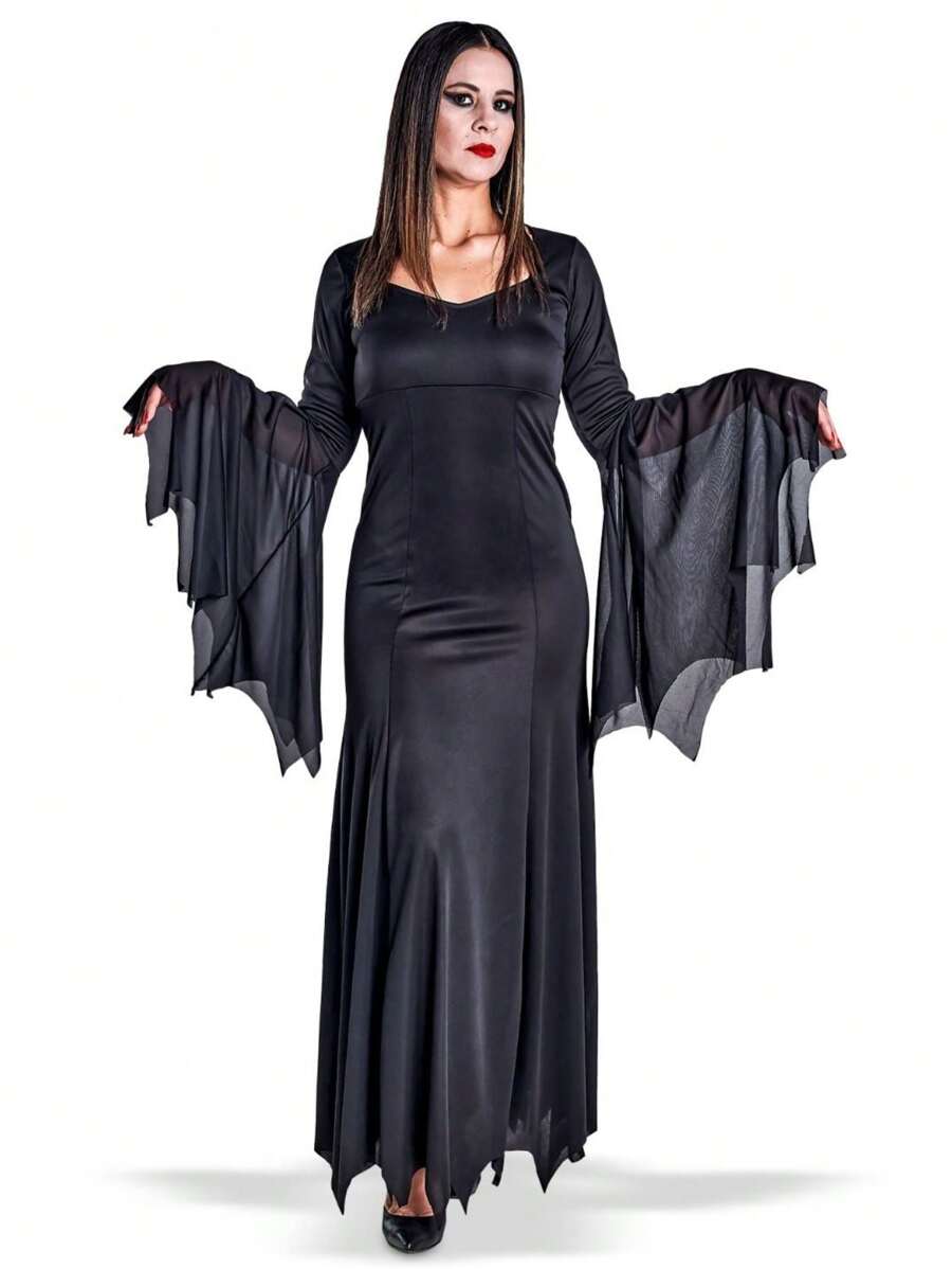 Fantasia Vestido Adulto Bruxa Mortícia Luxo Terror Halloween Dia das Bruxas - Preto - Visão 1