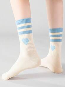 5 Pairs Girls" Colorful Striped Socks With Lovely Heart Pattern; Warm, Versatile And Perfect For Daily Wear And Casual Sports - Multicolor - View 4