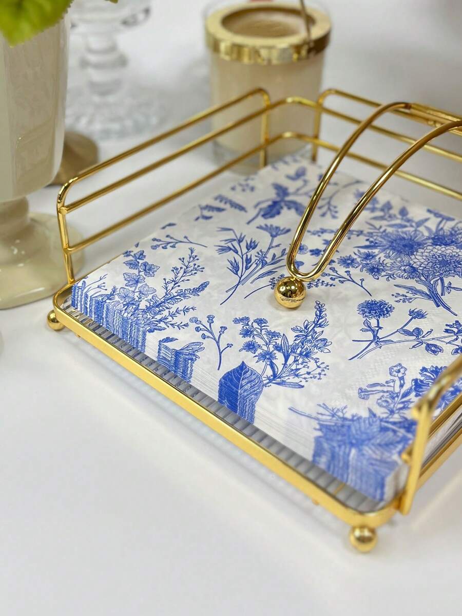 20pcs Blue And White Porcelain Flower Printed Napkins, 13x13inch