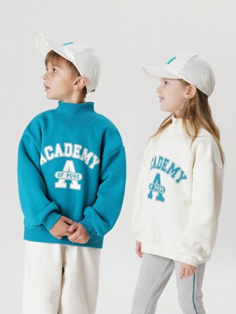 Girls' College Style Colorblock Letter Print Half-High Neck Thermal Lined Sweatshirt, Winter