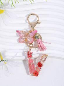 1 件字母 & 花朵 & 水晶 & 流苏 & 蝴蝶钥匙扣，时尚包包饰物，配有真正的干花和环氧树脂情人节情人节礼物纪念品汽车配件学校背包万圣节配饰教师节 - 彩色 - 查看 11
