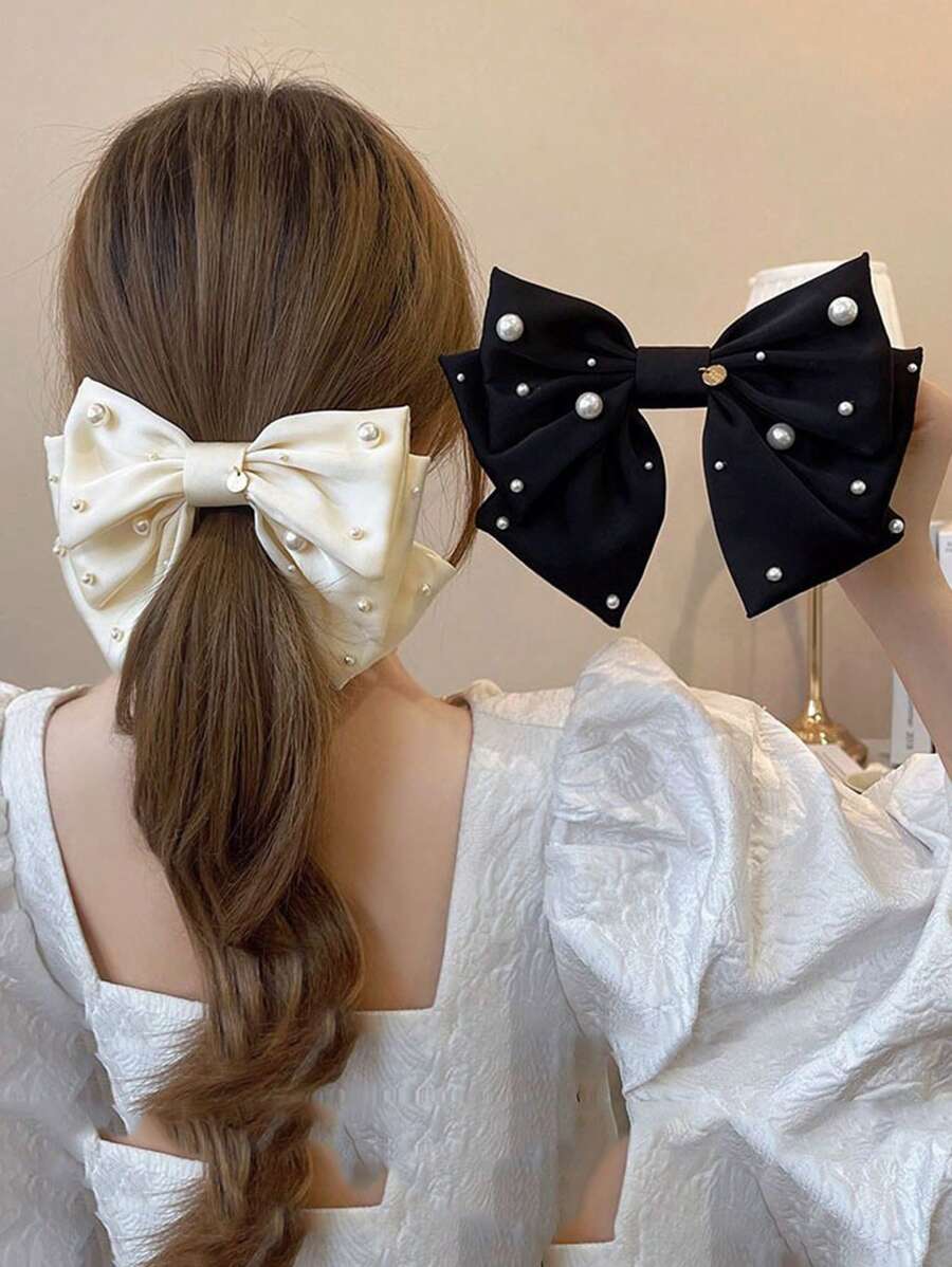 1/2 件优雅珍珠蝴蝶结发夹，女士马尾辫爪夹，发饰发夹发夹