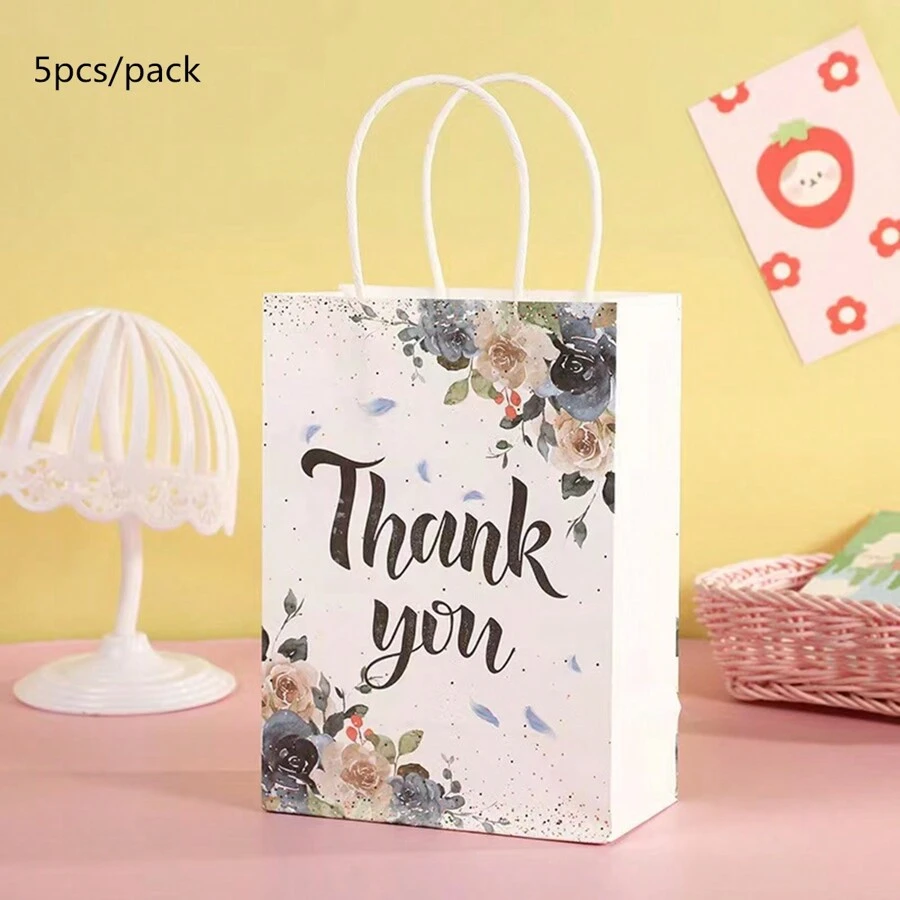 5pcs/pack Blue Thank You Paper Gift Bags, Wedding Engagement Party Favor Bags With Floral Pattern - Blue - View 1