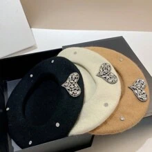 1pc Wool Beret For Women Heart Rhinestone Decor Casual Hats Elegant - Black - View 1