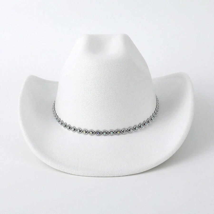 1pc Women's Plain Diamond & Wave Shaped Glitter Decorated Western Cowboy Hat For Traveling, Party, Festival, Riding, Casual Use - White - View 1