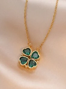 1pc Heart-shaped Shamrock Design Pendant Necklace, Dual-use & Suitable For Women - Yellow Gold - View 1