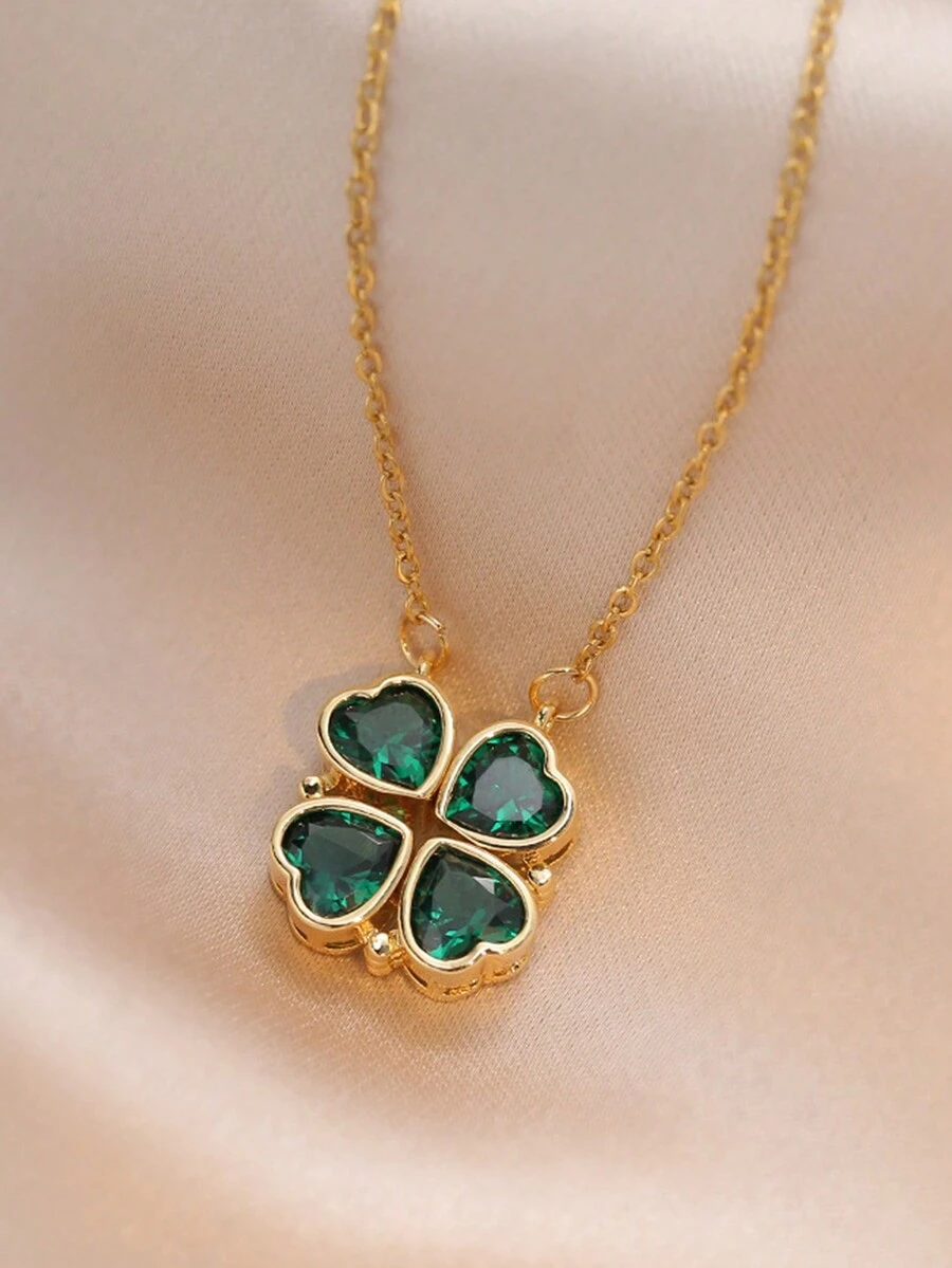 1pc Heart-shaped Shamrock Design Pendant Necklace, Dual-use & Suitable For Women - Yellow Gold - View 1