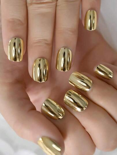 VV MEI JIA ER 24pcs Short Square Press On Nails - Cool Metallic Mirror Light Gold False Nails | Punk Metal Chrome Finish Short Reusable Fake Nails In 12 Sizes - Nail Kits As Gift For Women And Girls & 1sheet Tape & 1pc Nail File Nail Supplies