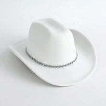 1pc Women's Plain Diamond & Wave Shaped Glitter Decorated Western Cowboy Hat For Traveling, Party, Festival, Riding, Casual Use - White - View 3