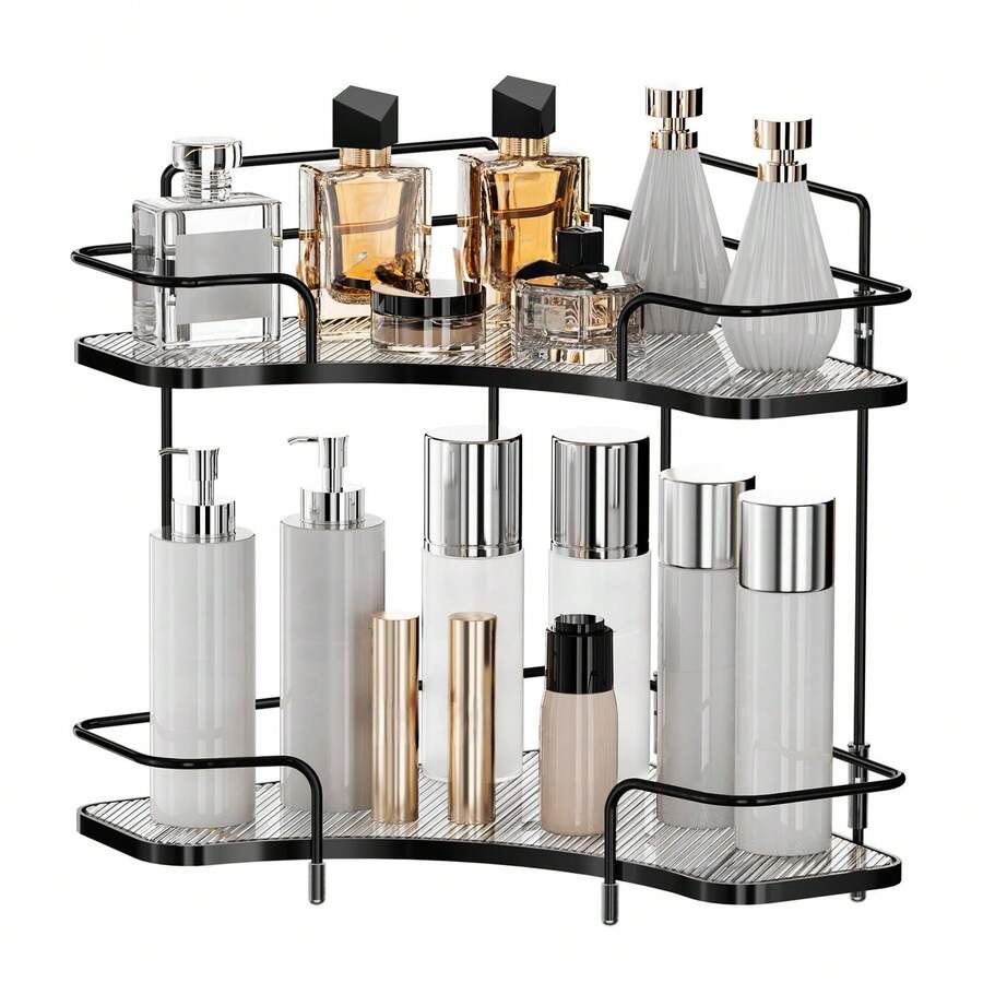 Bathroom Countertop Corner Storage Shelf, Vanity Tray For Perfume, 2 Layers Metal Makeup Storage Organizer, Skincare Cosmetic Box And Cabinet, Black - Black - View 1