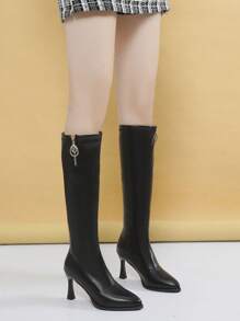 女式過膝高級時尚靴子,加絨,尖頭,細跟,中筒靴,黑色,高跟,修身