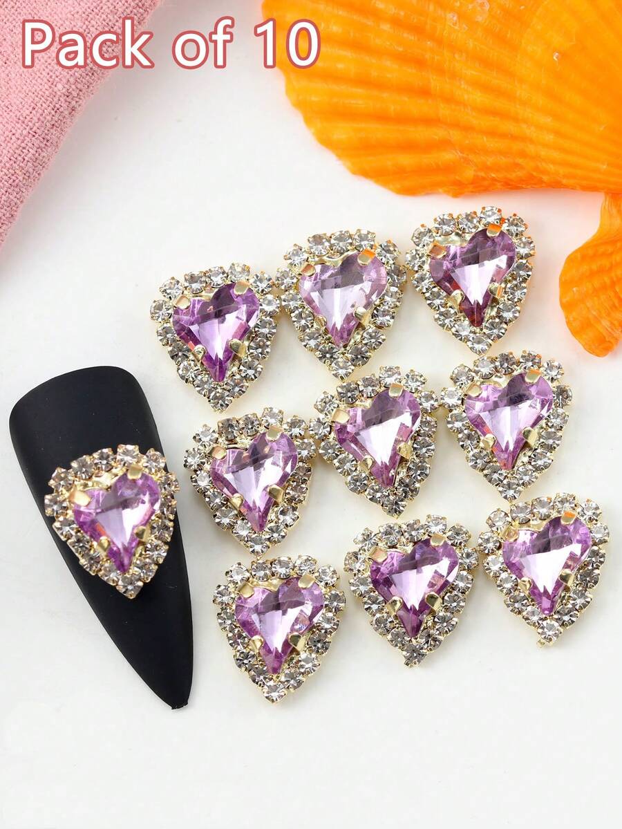 10 件/套韩式美甲水钻，金色和银色底座，配有 28 种颜色闪亮异形和心形水钻，DIY 指甲装饰 - 紫色 - 查看 1