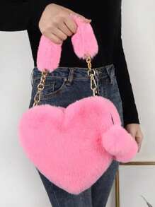 Furry Purse For Girls Heart Shaped Fluffy Handbag For Women Soft Small Shoulder Bag Clutch Purse With Metal Chain Strap . The Best Valentine's Gifts For Girlfriend Lady & Woman. Perfect For Shopping, Daily Use, New Autumn And Winter Women Bag, Best Fall Purse Valentines, Fashionable Heart Purse, Perfectly Match With Valentine's Day Dress, New Arrival Fur Bag For Women