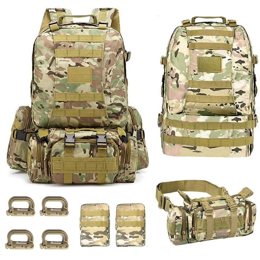 1入組60L軍用戰術突擊背包，可拆卸組裝逃生背包，迷彩防水物料戶外背囊，帶多個掛扣和Molle系統，適用於男女運動、徒步旅行、露營、狩獵大容量旅行袋 - 軍綠色 - 查看 1