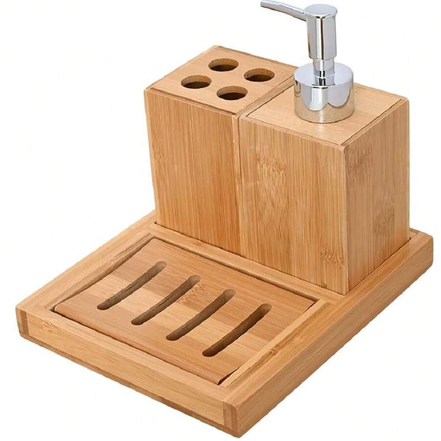Kit Banheiro Bambu 4 Peças Sabonete Liquido Porta Escova  e Saboneteira - Bege - Visão 1