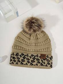 1 件秋冬弹力针织帽，时尚街头 Coolcheer 豹纹印花无檐小便帽，带保暖内衬 - 卡其色 - 查看 3