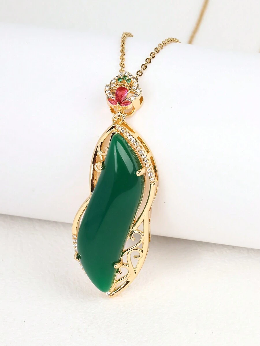 1 件復古多色天然石材吊墜項鍊,女式綠色翡翠玉項圈項鍊