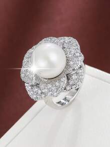 1pc Fresh Flower Design Copper Ring With And Pearl, Adjustable - Silver - View 6
