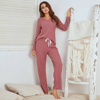Women's Fall Winter Home Clothes Set, Waffle Grid Pattern, Long Sleeve Long Pajamas Suit