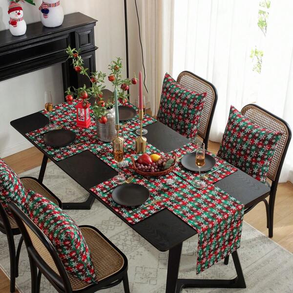 5pcs/Set Christmas Pattern Table Runner And Place Mat Set(1Table Runner+4placemats), Linen Printed Table Decoration For Home, Kitchen Or Dining Room