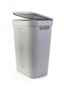 Cesto de almacenamiento con tapa, color gris, plástico resistente. - Gris - Ver 1