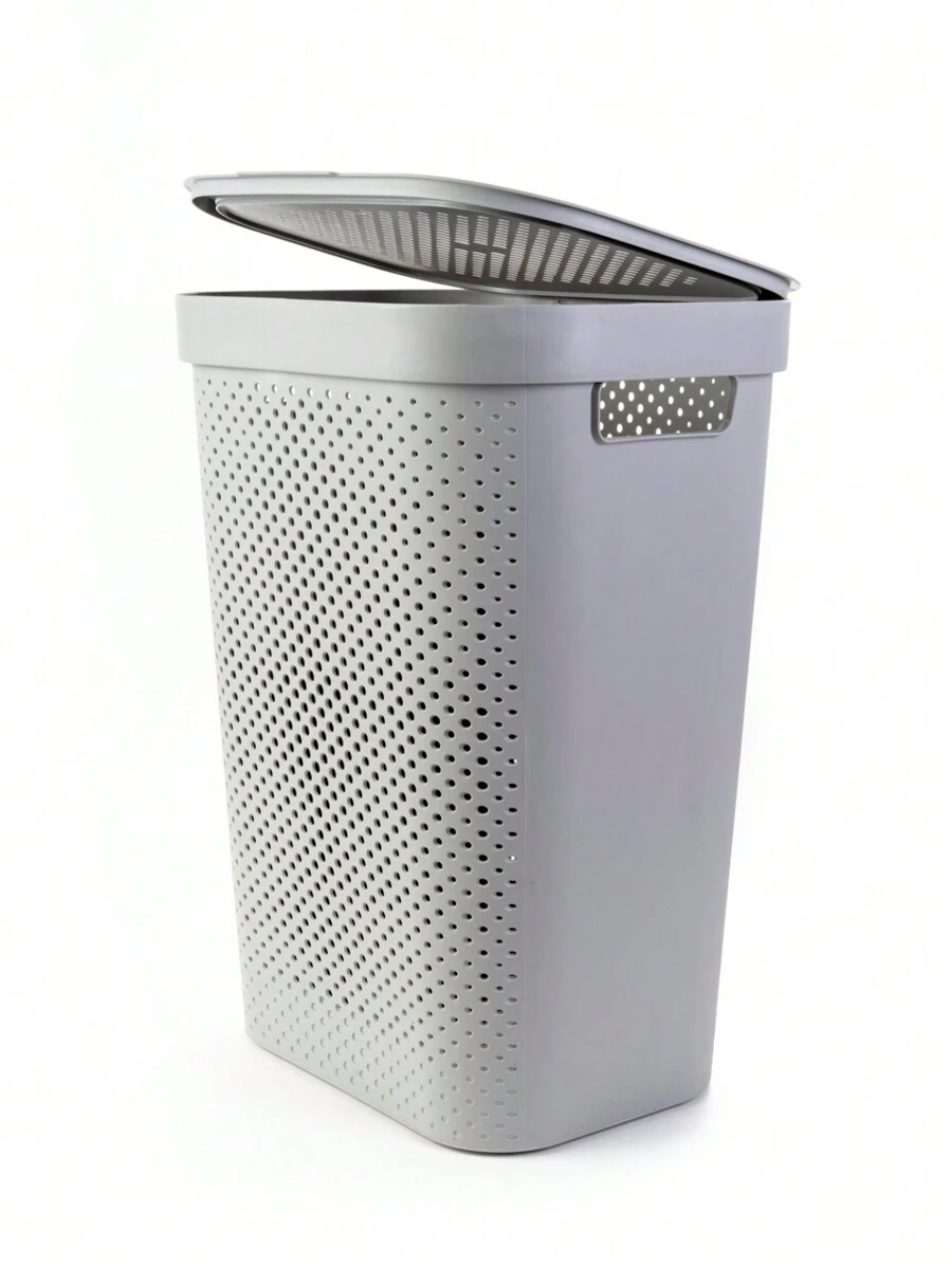 Cesto de almacenamiento con tapa, color gris, plástico resistente. - Gris - Ver 1