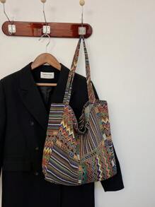 1 Pieza Bolsa De Hombro De Gran Capacidad Simple Y De Moda Con Patrón Vintage, Plegable Para Viaje Diario Y Compras - Multicolor - Ver 7