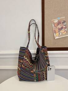 1 Pieza Bolsa De Hombro De Gran Capacidad Simple Y De Moda Con Patrón Vintage, Plegable Para Viaje Diario Y Compras - Multicolor - Ver 6